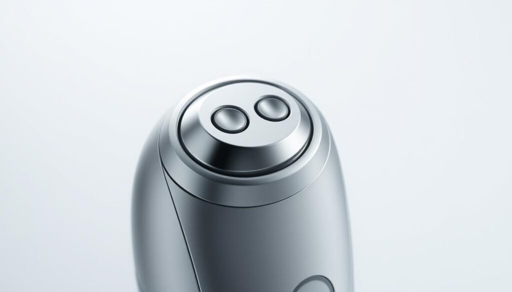 A striking close-up of the Glowin Beaute "Oligio X 原美電波" skincare device, its sleek silver casing gleaming under carefully arranged studio lighting. The device's distinctive dual-nodule design is showcased in sharp focus, hinting at the advanced technology within. The background is a soft, neutral gradient, allowing the product to take center stage and emphasize its modern, high-end aesthetic. The overall mood is one of refinement and clinical precision, reflecting the device's promise of a premium skin rejuvenation experience.