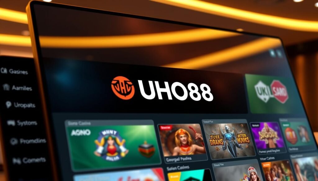 Detailed rendering of a modern online casino platform interface, featuring the UHO88 brand logo prominently displayed. Sleek and responsive layout with dynamic tiles showcasing the latest game updates, promotions, and system improvements. Warm, inviting lighting highlights the intuitive user experience, with subtle metallic accents and clean iconography guiding the player's journey. Seamless integration of mobile and desktop views, creating a cohesive and visually appealing platform update experience.