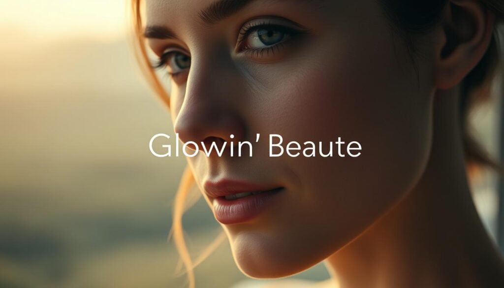 A close-up portrait of a woman's face, illuminated by a soft, warm glow. Her skin appears smooth and youthful, with a subtle radiance that emanates from within. The midground features the Glowin' Beaute brand name, presented in a sleek, minimalist design. In the background, there is a blurred, abstract landscape that suggests a sense of tranquility and relaxation. The lighting is soft and diffused, creating a serene and atmospheric mood. The overall composition emphasizes the woman's natural beauty and the restorative power of the Glowin' Beaute brand.