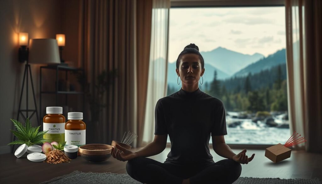 A comprehensive treatment plan for tinnitus, with a calming, holistic atmosphere. In the foreground, an individual sits in a serene, dimly lit room, eyes closed in meditation, hands resting gently. Soft lighting from sconces and a floor lamp creates a warm, soothing ambiance. In the middle ground, various natural remedies and therapies are displayed, such as herbal supplements, sound therapy devices, and acupuncture needles. The background depicts a tranquil landscape, with mountains, forests, and a gently flowing stream, representing the journey towards tinnitus relief and overall well-being. The composition conveys a sense of balance, peace, and the integrative approach to addressing the condition.