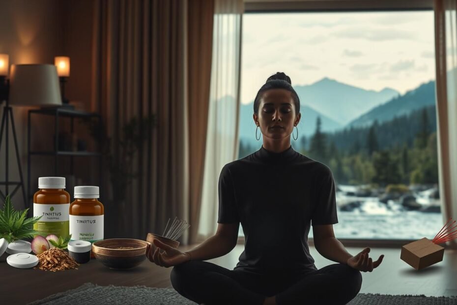 A comprehensive treatment plan for tinnitus, with a calming, holistic atmosphere. In the foreground, an individual sits in a serene, dimly lit room, eyes closed in meditation, hands resting gently. Soft lighting from sconces and a floor lamp creates a warm, soothing ambiance. In the middle ground, various natural remedies and therapies are displayed, such as herbal supplements, sound therapy devices, and acupuncture needles. The background depicts a tranquil landscape, with mountains, forests, and a gently flowing stream, representing the journey towards tinnitus relief and overall well-being. The composition conveys a sense of balance, peace, and the integrative approach to addressing the condition.