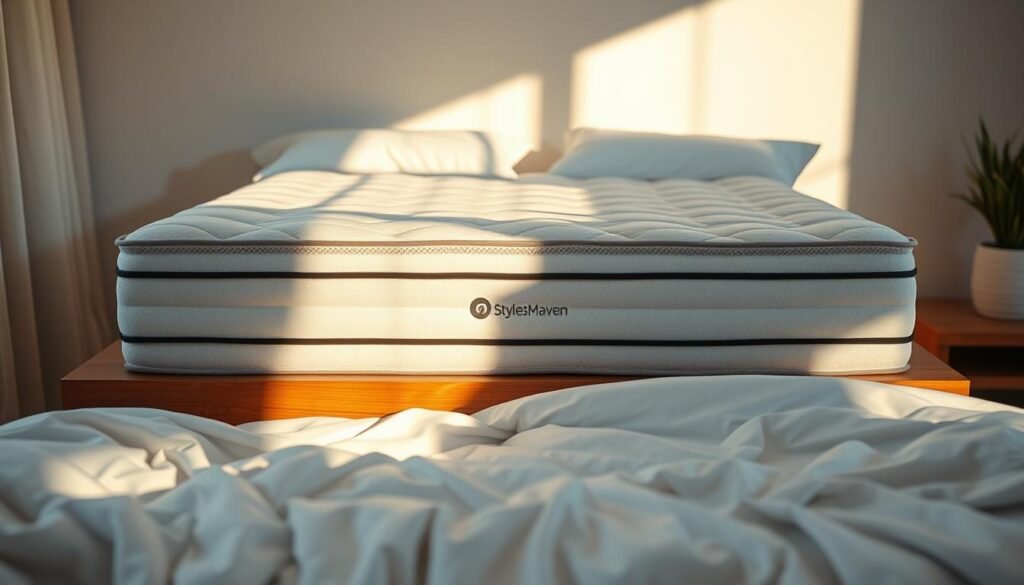 A cozy bedroom interior with a stylish StylesMaven independent pocket spring mattress taking center stage. Soft, indirect lighting casts a warm glow, highlighting the mattress's plush, conforming texture. Crisp, white bedding invites a restful, rejuvenating sleep experience. The mattress is positioned atop a sleek, minimalist wood bed frame, creating a serene, harmonious ambiance. Subtle shadows and highlights accentuate the mattress's supportive yet gentle cushioning, conveying a sense of comfort and relaxation. The overall scene exudes an atmosphere of peaceful slumber, reflecting the advantages of the independent pocket spring design.