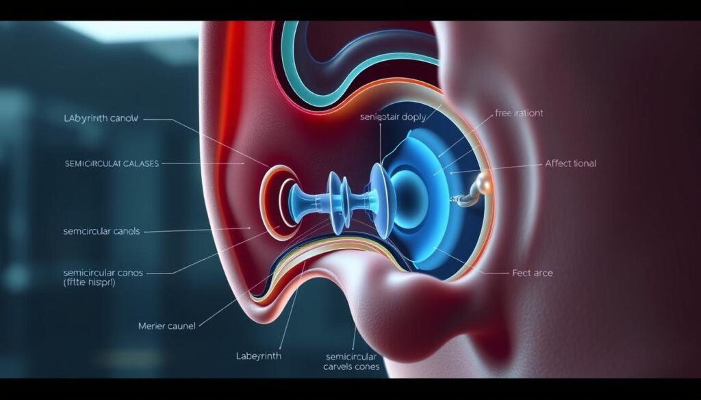 A detailed examination of the inner ear, with a cutaway view showcasing the intricate structures involved in maintaining balance. The image should convey a sense of medical precision, with clean lighting and a calm, analytical atmosphere. The focus should be on the labyrinth and semicircular canals, highlighting the potential sources of imbalance and the various diagnostic methods used to identify the root cause. The overall composition should strike a balance between technical accuracy and visual interest, guiding the viewer's understanding of the condition and the necessary steps towards treatment and recovery.