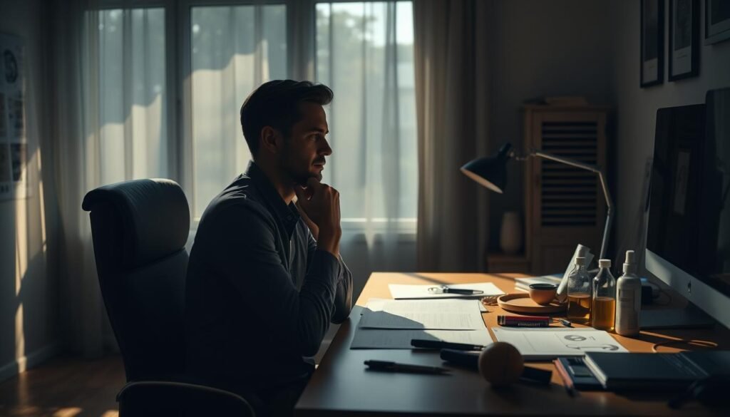 A dimly lit home office with a focused individual sitting at a desk, deep in thought about the causes and solutions for their persistent ringing ears. Diffused, natural light filters in through a large window, casting soft shadows and a warm, contemplative atmosphere. On the desk, a series of medical documents and holistic wellness items suggest a comprehensive approach to addressing the issue. The figure's expression conveys a sense of determination to find relief, while the surroundings hint at the multifaceted nature of tinnitus and its potential remedies.