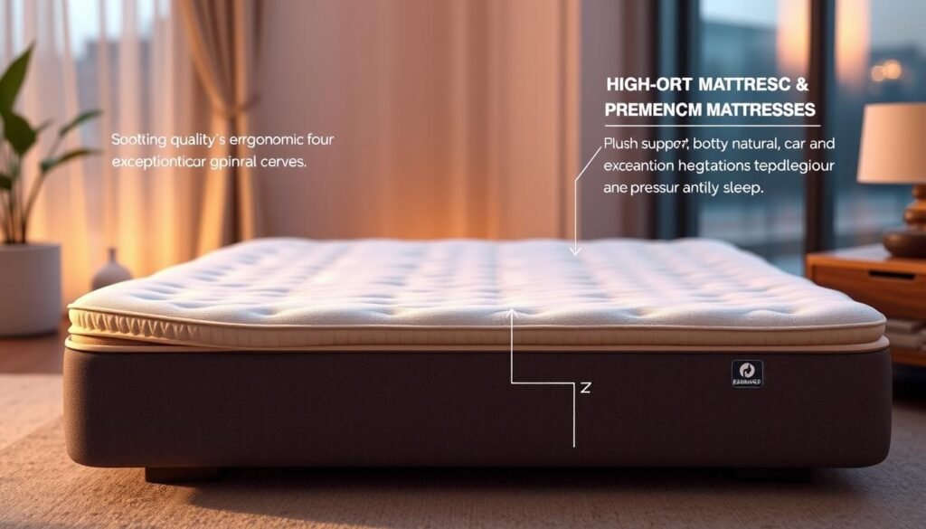 A high-quality, ergonomic mattress pad with a stylish, premium design by StylesMaven. The mattress features a plush, supportive surface that contours to the body's natural curves, providing exceptional spinal alignment and pressure relief. Detailed in a soothing neutral tone, the mattress has a soft, breathable cover that promotes airflow and temperature regulation for a comfortable sleep. Meticulously crafted with durable, high-density foam, the mattress offers long-lasting comfort and support. Capturing the essence of relaxation, the scene is bathed in warm, gentle lighting, creating a serene, inviting atmosphere perfect for a restful night's sleep.
