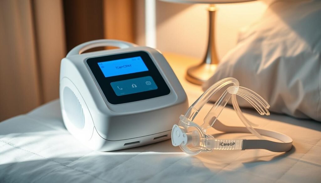 A high-quality iCareCPAP sleep apnea machine rests on a bedside table, its sleek design and soft blue display lighting creating a calming, minimalist atmosphere. The machine's front panel features simple controls and a built-in humidifier, while a transparent nasal mask lays nearby, ready to be gently fitted over the user's face. Soft lighting from a nearby lamp casts warm, soothing shadows across the scene, conveying a sense of comfort and ease. The overall composition emphasizes the machine's user-friendly operation and the importance of proper sleep for the elderly.