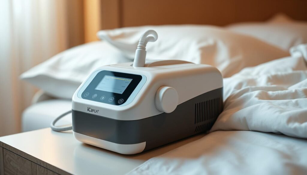 A high-quality, sleek iCareCPAP sleep apnea machine resting on a bedside table. The device has a clean, modern design with a digital display and intuitive controls. Soft, warm lighting illuminates the machine, creating a calming and inviting atmosphere. The machine is surrounded by a minimalist, serene bedroom setting, with neutral-toned bedding and decor. The overall scene conveys a sense of comfort, rest, and ease for an elderly person using the device to manage their sleep apnea.