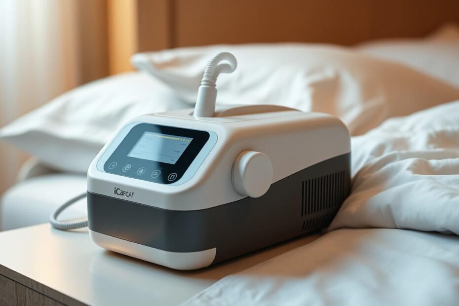 A high-quality, sleek iCareCPAP sleep apnea machine resting on a bedside table. The device has a clean, modern design with a digital display and intuitive controls. Soft, warm lighting illuminates the machine, creating a calming and inviting atmosphere. The machine is surrounded by a minimalist, serene bedroom setting, with neutral-toned bedding and decor. The overall scene conveys a sense of comfort, rest, and ease for an elderly person using the device to manage their sleep apnea.