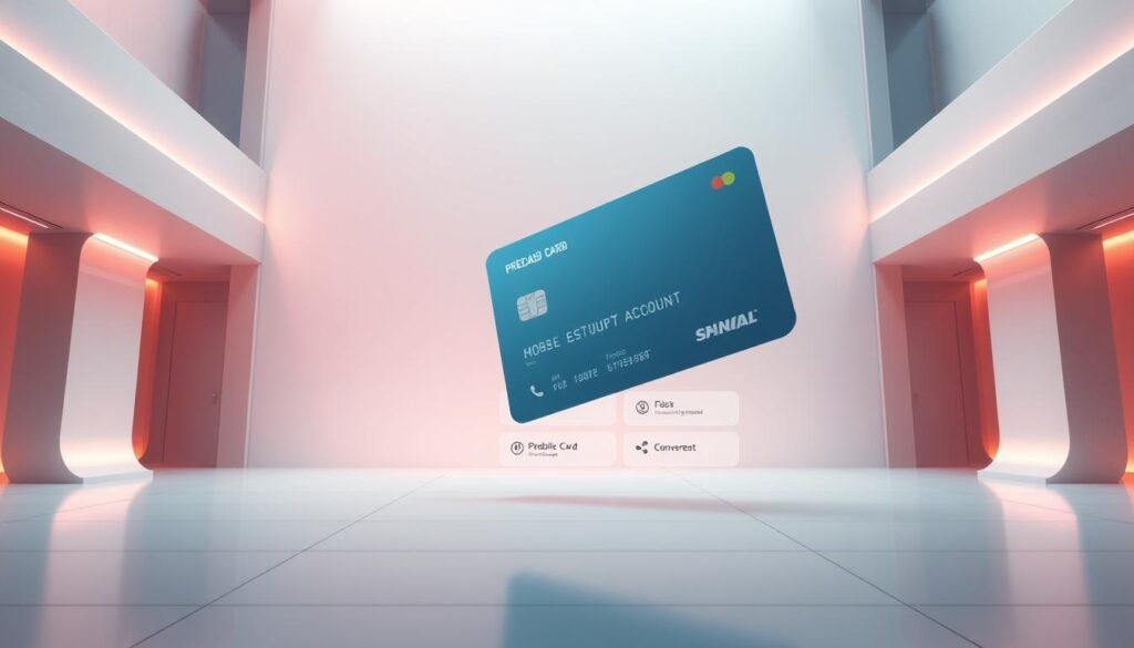 A highly detailed, hyper-realistic digital illustration of a Telecombrother prepaid card conversion service. The scene depicts a futuristic, minimalist interface with a sleek, modern aesthetic. In the foreground, a large prepaid card hovers against a backdrop of clean, muted colors, casting a soft, ambient glow. The middle ground showcases a simple, intuitive menu system with clear, legible options for converting the prepaid card to a mobile account, all rendered with precision and clarity. The background features subtle architectural elements, suggesting a contemporary, technology-driven environment. The overall mood is one of efficiency, convenience, and a seamless, hassle-free user experience, reflecting the key benefits of the &quot;Telecombrother prepaid card to mobile account&quot; service.