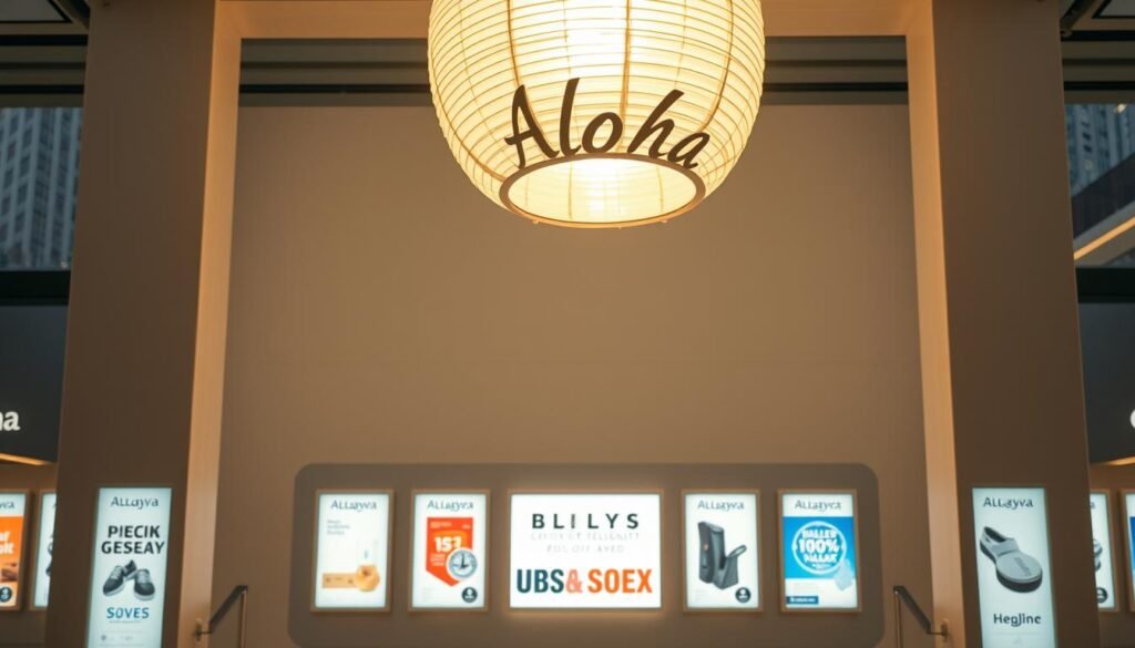 A luminous acrylic lantern in the shape of the Aloha brand name, casting a warm glow across a sleek, modern advertisement display. The lantern's smooth, curved surface reflects the soft lighting, creating an inviting and eye-catching display. In the foreground, a series of minimalist, backlit signage panels showcase various product designs and branding, framed by a clean, angular structure. The middle ground features a subtle, textured wall surface, adding depth and dimension to the scene. The background is filled with a softly blurred urban landscape, hinting at the commercial setting. The overall atmosphere is one of sophistication, innovation, and attention-grabbing allure, perfectly suited to showcase the application of advertisement signage in acrylic lighting fixtures.