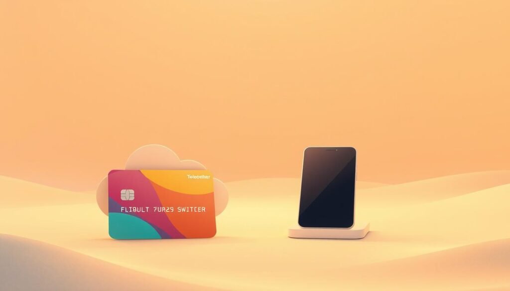 A modern, minimalist illustration depicting the Telecombrother brand's prepaid card switching service. The foreground showcases a stylized prepaid card in vibrant colors, elegantly transitioning into a dynamic cloud-like shape, representing the seamless switching process. The middle ground features a sleek, futuristic mobile device, symbolizing the user's flexibility and control over their communication needs. The background is a soft, gradient-based landscape, creating a sense of calm and simplicity. The lighting is warm and diffused, adding a premium, high-tech aesthetic. The overall composition conveys the convenience, cost-savings, and flexibility of the Telecombrother prepaid card switching service.