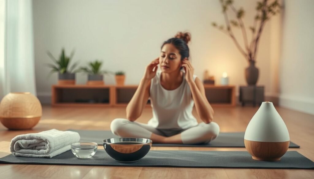 A serene and calming scene of a person performing ear balance rehabilitation exercises. The foreground depicts a person sitting on a yoga mat, their eyes closed in deep concentration as they gently massage specific acupressure points around their ears. The middle ground showcases various wellness props, such as a small bowl of water, a towel, and a soothing essential oil diffuser, setting the atmosphere for a therapeutic session. The background is softly blurred, creating a sense of tranquility, with hints of natural elements like potted plants or a simple, minimalist decor. The lighting is warm and diffused, creating a comforting ambiance. The overall mood is one of relaxation, focus, and the pursuit of restoring inner balance.