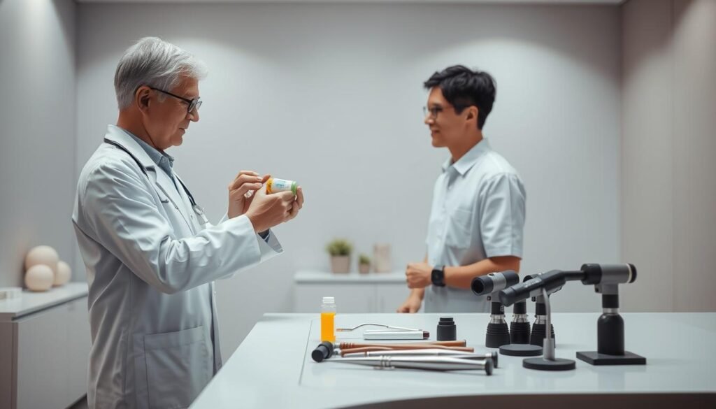A serene and well-lit scene showcasing the "耳水不平衡療法". In the foreground, a health professional is carefully administering a vitamin supplement to a patient, their facial expressions conveying a sense of trust and care. The middle ground features various medical devices and tools associated with inner ear treatments, such as otoscopes and tuning forks, arranged neatly on a sleek, modern desk. The background displays a soothing, minimalist interior with muted tones, suggesting a calming, professional atmosphere conducive to the healing process. The lighting is soft and diffused, creating a tranquil ambiance that reinforces the restorative nature of the "耳水不平衡療法".