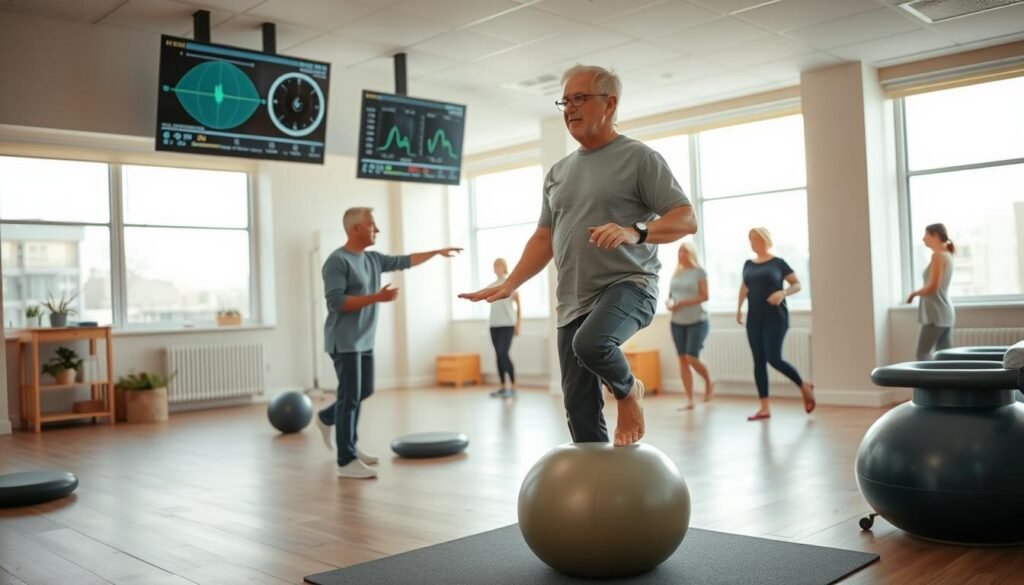A serene physical therapy clinic with floor-to-ceiling windows, warm natural lighting, and soothing pastel decor. In the foreground, a middle-aged patient performing balance exercises on a large exercise ball, guided by a skilled physiotherapist. Overhead, a wall-mounted display shows real-time biofeedback tracking their progress. In the background, other patients engage in various vestibular rehabilitation activities like standing on one leg, walking heel-to-toe, and using proprioceptive discs. An atmosphere of calm, focused recovery pervades the scene.