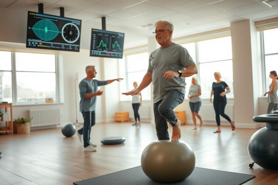 A serene physical therapy clinic with floor-to-ceiling windows, warm natural lighting, and soothing pastel decor. In the foreground, a middle-aged patient performing balance exercises on a large exercise ball, guided by a skilled physiotherapist. Overhead, a wall-mounted display shows real-time biofeedback tracking their progress. In the background, other patients engage in various vestibular rehabilitation activities like standing on one leg, walking heel-to-toe, and using proprioceptive discs. An atmosphere of calm, focused recovery pervades the scene.