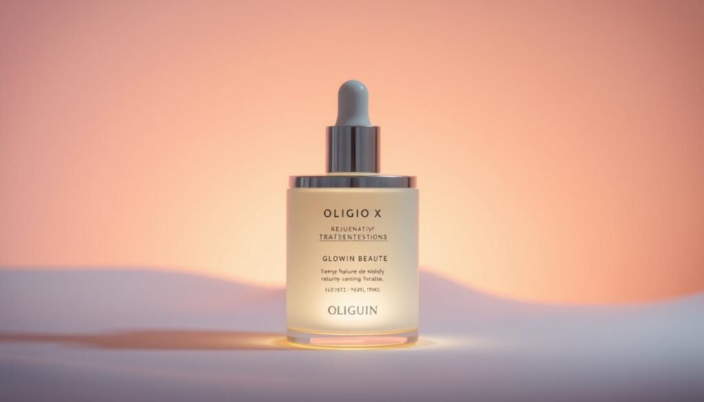 A serene scene of a glowing skincare product, "Glowin Beaute Oligio X 原美電波膠原蛋白再生", against a soft, pastel-hued background. The product is subtly illuminated, showcasing its rejuvenating properties, with a delicate, ethereal lighting that highlights its transformative nature. The image conveys a sense of calm and tranquility, inviting the viewer to experience the restorative power of the Oligio X treatment. The composition is balanced, with the product placed centrally, allowing it to take center stage while the supporting elements enhance the overall aesthetic.