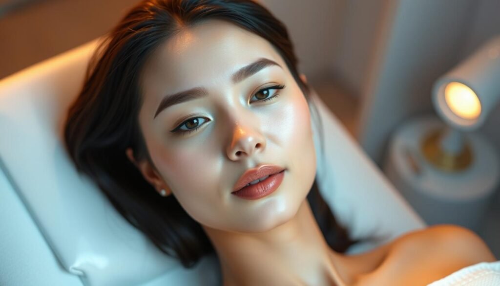 A tranquil, serene setting showcases the Glowin' Beaute "Oligio X 原美電波療程" treatment. Soft, warm lighting illuminates a woman's face, highlighting the subtle contouring and radiant complexion achieved through the non-invasive procedure. The image captures the skin's revitalized, youthful glow, reflecting the long-lasting results of the technology. In the background, a minimalist, natural environment emphasizes the treatment's rejuvenating, holistic approach. The overall composition conveys a sense of relaxation and confidence, inviting the viewer to consider the therapy's transformative potential.