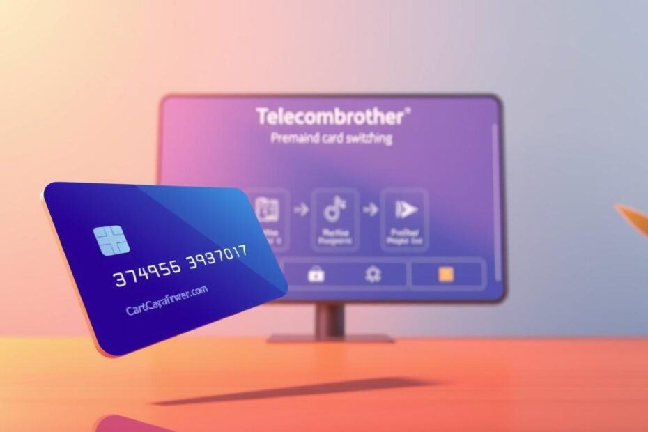 A vibrant illustration of the Telecombrother prepaid card switching service, showcasing its convenience and accessibility. A sleek, modern design with a minimalist aesthetic. In the foreground, a stylized prepaid card hovers, its surface reflecting the surrounding environment. In the middle ground, a digital interface displays the seamless card switching process, highlighted by clean typography and intuitive iconography. The background features a soft, gradient-based color scheme, conveying a sense of digital proficiency and financial fluidity. Warm, diffused lighting casts a glow upon the scene, creating an atmosphere of efficiency and user-friendliness. The overall composition emphasizes the effortless nature of the Telecombrother prepaid card switching experience, catering to those seeking financial flexibility without the burden of credit checks.