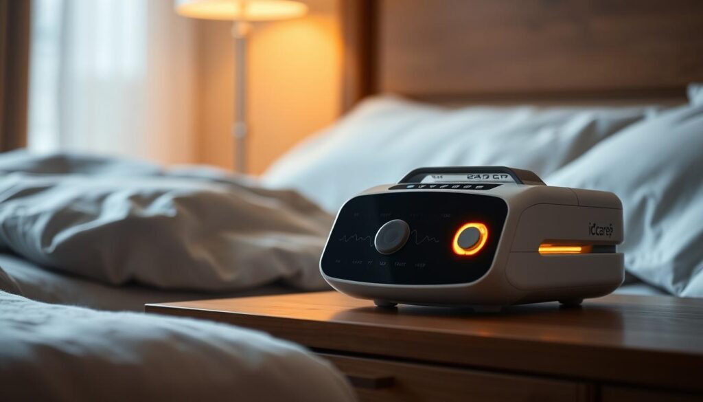 A well-designed iCareCPAP sleep apnea machine resting on a bedside table, illuminated by a warm, soft light. The machine has a sleek, modern design with clean lines and subtle accents. In the foreground, the machine's display shows a graph of the user's breathing patterns, indicating improved respiratory health. The background features a cozy, comfortable bedroom setting with muted colors and natural textures, creating a calming and restorative atmosphere. The overall composition conveys the benefits of using the iCareCPAP machine for improved sleep and respiratory function.