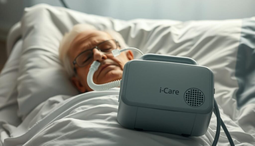 An elderly person reclines in a hospital bed, their face obscured by the sleek, gray iCareCPAP machine delivering life-sustaining oxygen. Soft, indirect lighting bathes the scene in a comforting glow, while the crisp, white linens and muted colors evoke a sense of tranquility. The device's elegant, modern design subtly conveys the technological advancements that enable the patient's care. The composition captures the delicate balance between the individual's vulnerability and the reassuring presence of the medical equipment, inviting the viewer to consider the challenges and dignities of aging.