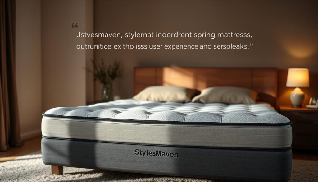 Cozy bedroom scene showcasing a StylesMaven independent spring mattress, with a serene ambiance and soft lighting. The mattress is centrally positioned, its plush layers and soft textile cover invitingly beckoning. Subtle shadows and highlights accentuate the contours, conveying a sense of comfort and quality. The background features muted, earthy tones complementing the bedroom's relaxing atmosphere. A tranquil, lived-in feel captures the authentic user experience and feedback reflected in the section title.