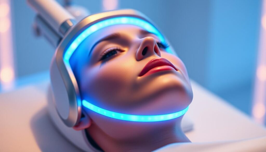 Glowin' Beaute's advanced single-pole radiofrequency device, meticulously engineered to rejuvenate the skin. A complex array of precisely controlled electromagnetic waves gently penetrates the dermis, stimulating collagen production and restoring youthful contours. The device's ergonomic design and soft blue illumination create a serene, therapeutic ambiance, as the user experiences the rejuvenating power of this cutting-edge technology. Capture the essence of this transformative treatment in a detailed, photorealistic rendering, showcasing the device's sleek form and the mesmerizing glow of its operation.