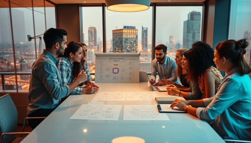 Vibrant team collaboration at Glowin Beaute: A group of diverse individuals gathered around a sleek conference table, engaging in animated discussions and exchanging ideas. Warm lighting casts a gentle glow, creating an atmosphere of productivity and camaraderie. In the foreground, colleagues lean in, gesturing passionately as they brainstorm solutions. In the middle ground, a whiteboard displays intricate diagrams and mind maps, showcasing the team's innovative thinking. The background features floor-to-ceiling windows, offering a panoramic view of a bustling city skyline, reflecting Glowin Beaute's dynamic and forward-thinking corporate culture.