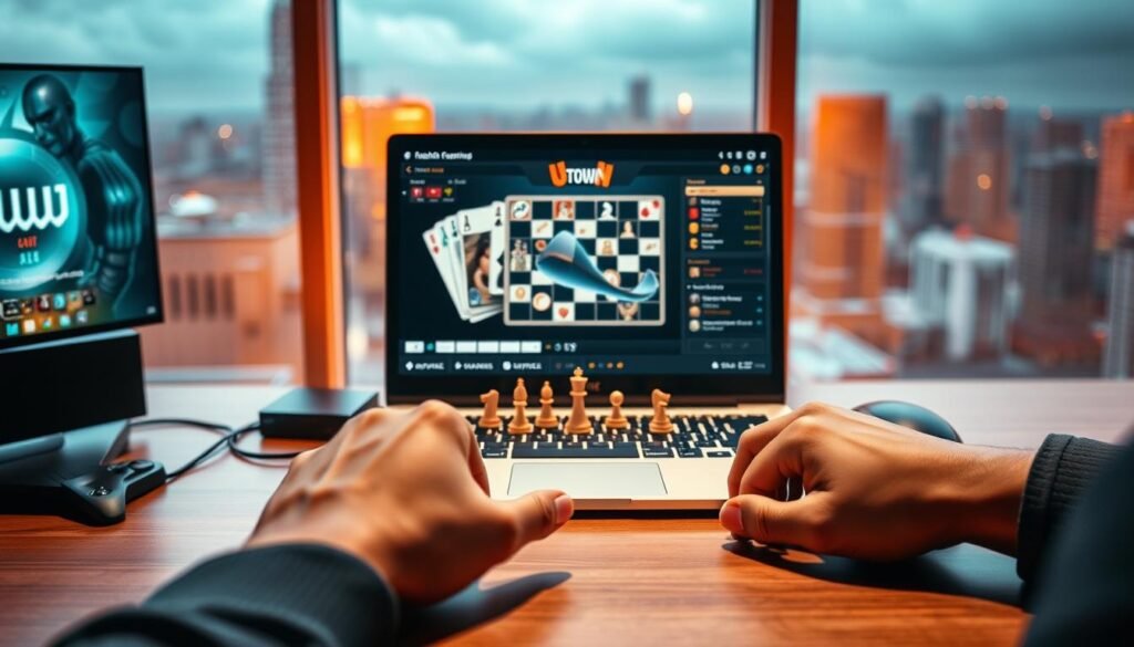 A captivating scene of a modern online gaming experience, featuring the UTown brand. A sleek and minimalist desktop setup, with a laptop prominently displaying a chess or card game interface. The lighting is warm and inviting, creating a cozy atmosphere for strategic contemplation. In the foreground, a player's hands rest confidently on the desk, poised for their next move. The background hints at a city skyline, suggesting the accessible, digital nature of this gaming world. The overall composition evokes a sense of focus, skill, and the thrill of online competition.