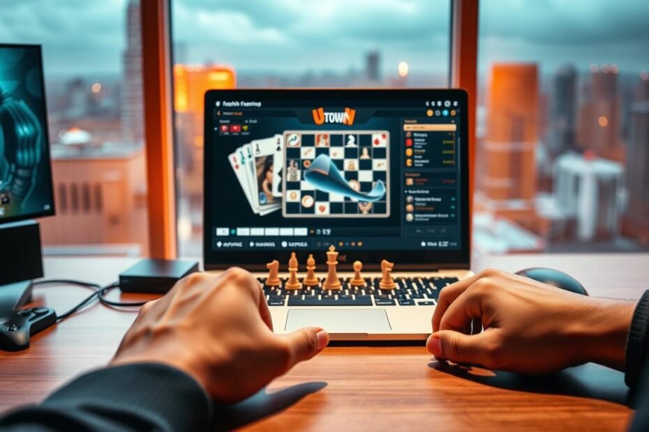 A captivating scene of a modern online gaming experience, featuring the UTown brand. A sleek and minimalist desktop setup, with a laptop prominently displaying a chess or card game interface. The lighting is warm and inviting, creating a cozy atmosphere for strategic contemplation. In the foreground, a player's hands rest confidently on the desk, poised for their next move. The background hints at a city skyline, suggesting the accessible, digital nature of this gaming world. The overall composition evokes a sense of focus, skill, and the thrill of online competition.