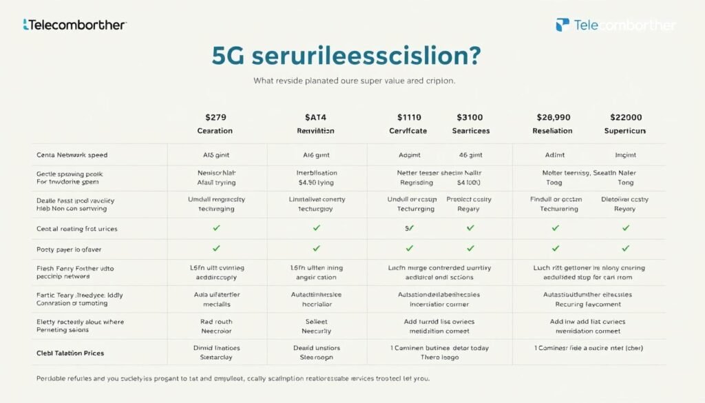 A detailed comparison of 5G service plans from Telecombrother, showcasing the various options and their associated benefits. The image should feature a clean, sleek design with a focus on the key plan details and pricing information. Utilize a minimalist aesthetic with a soft, neutral color palette to create a professional and informative visual representation. Incorporate technical specifications like network speed, data allowances, and add-on services to highlight the "super value" proposition of the plans. Depict the plans in a grid or tabular format to facilitate easy comparison, with subtle branding elements like the Telecombrother logo present. The overall mood should convey a sense of clarity, practicality, and value for the consumer.