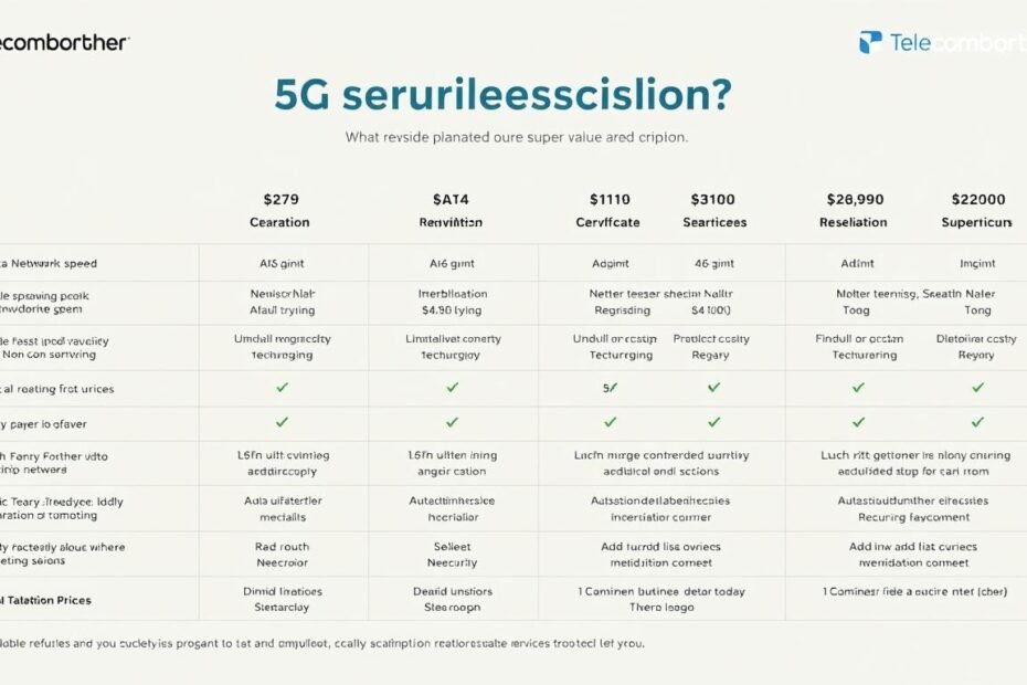 A detailed comparison of 5G service plans from Telecombrother, showcasing the various options and their associated benefits. The image should feature a clean, sleek design with a focus on the key plan details and pricing information. Utilize a minimalist aesthetic with a soft, neutral color palette to create a professional and informative visual representation. Incorporate technical specifications like network speed, data allowances, and add-on services to highlight the "super value" proposition of the plans. Depict the plans in a grid or tabular format to facilitate easy comparison, with subtle branding elements like the Telecombrother logo present. The overall mood should convey a sense of clarity, practicality, and value for the consumer.