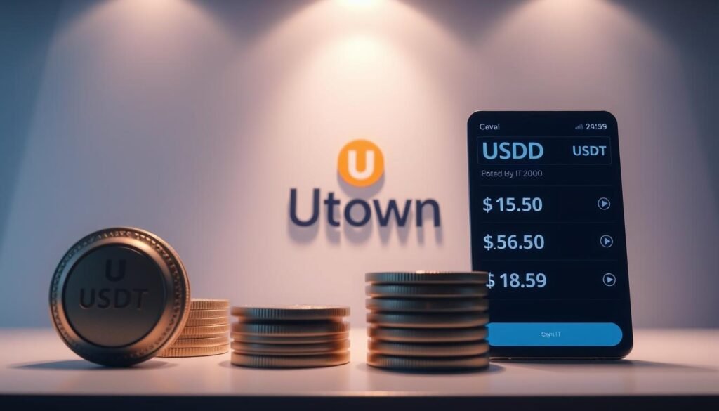 A detailed, high-quality image of the USDT transaction fee comparison for UTown entertainment platform. The foreground shows various USDT payment options with their respective fees clearly displayed. The middle ground depicts the UTown logo and branding, emphasizing the platform's focus on USDT-based transactions. The background features a clean, minimalist design with soft lighting and a subtle gradient, creating a professional and trustworthy atmosphere. The overall composition conveys the key information about USDT fees in a visually appealing and informative manner.