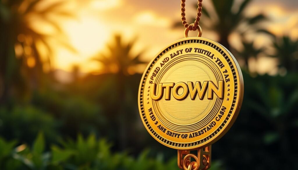A detailed shot of the UTown logo prominently displayed on a gold-colored medallion, symbolizing the speed and ease of payouts for the &amp;quot;Sethus&amp;quot; online casino. The medallion is showcased against a background of lush greenery and a bright, warm-toned sky, conveying a sense of prosperity and success. The lighting is soft and diffused, creating a premium, high-quality feel. The composition is balanced, with the medallion positioned centrally and occupying a significant portion of the frame. The overall tone is one of luxury, reliability, and financial empowerment.