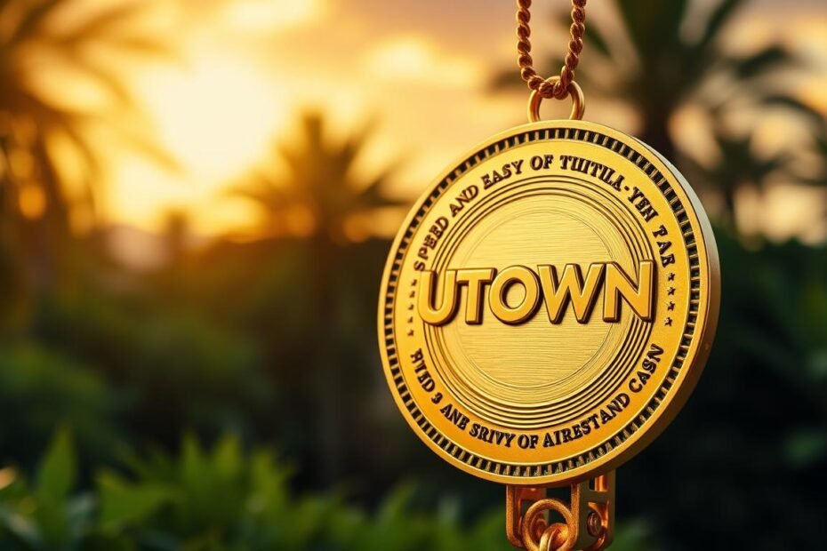 A detailed shot of the UTown logo prominently displayed on a gold-colored medallion, symbolizing the speed and ease of payouts for the &amp;quot;Sethus&amp;quot; online casino. The medallion is showcased against a background of lush greenery and a bright, warm-toned sky, conveying a sense of prosperity and success. The lighting is soft and diffused, creating a premium, high-quality feel. The composition is balanced, with the medallion positioned centrally and occupying a significant portion of the frame. The overall tone is one of luxury, reliability, and financial empowerment.