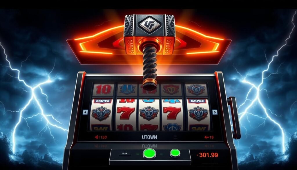 A dynamic slot machine with a towering, Thor-inspired hammer as its centerpiece, set against a backdrop of swirling lightning and ominous clouds. The hammer, emblazoned with the UTown logo, stands tall and imposing, ready to unleash its powerful, thunderous spin. The machine's sleek, metallic frame gleams under dramatic lighting, creating a striking contrast with the moody, supernatural atmosphere. The reels spin with mesmerizing speed, hinting at the thrilling, high-stakes experience that awaits the player. This captivating design masterfully blends the mythical and the modern, inviting the user to delve into the mysterious world of the &quot;Thor's Hammer&quot; slot machine.