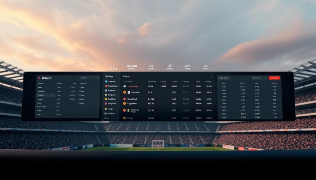 A high-contrast, panoramic image showcasing a sports betting platform called "UTown" in a contemporary, minimalist style. The foreground features a sleek, modern interface with various betting options and statistics. The middle ground depicts a stadium backdrop, with the audience and players in the distance. The background is a softly blurred, gradient-filled sky, conveying a sense of scale and depth. The overall composition is balanced, with clean lines and a sophisticated color palette, highlighting the functionality and professionalism of the UTown sports betting platform.