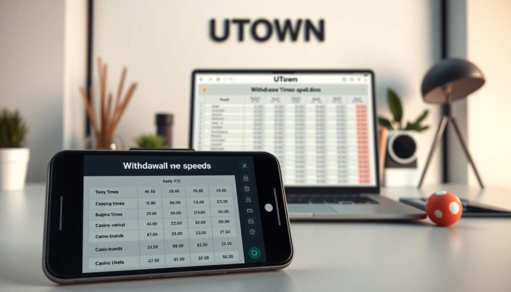 A high-quality, photorealistic image of the "UTown" online casino platform's withdrawal speed analysis. Set in a modern, minimal workspace with clean lines and neutral tones. The foreground features a sleek smartphone displaying a detailed breakdown of withdrawal times and fees for different casino brands, including UTown. The middle ground showcases an open laptop with a spreadsheet comparing key metrics. The background subtly hints at the gaming experience with muted casino-themed elements. The lighting is soft and even, accentuating the professionalism and clarity of the analysis. Angles are positioned to emphasize the comparative data in an informative yet visually striking manner.