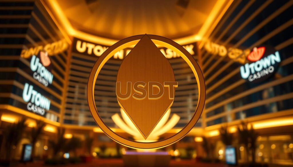 A meticulously designed USDT (Tether) cryptocurrency symbol, prominently displayed against a backdrop of a sleek, modern UTown casino resort. The symbol is rendered in a clean, minimalist style, its edges sharp and precise, evoking a sense of stability and reliability. The foreground is bathed in warm, golden lighting, casting a subtle glow on the symbol, while the middle ground features the UTown branding and architectural elements, conveying a sense of high-end luxury and sophistication. The background is slightly blurred, creating depth and focus on the central USDT element, symbolizing its crucial role in the casino's operations and its ability to mitigate the volatility of other cryptocurrencies.