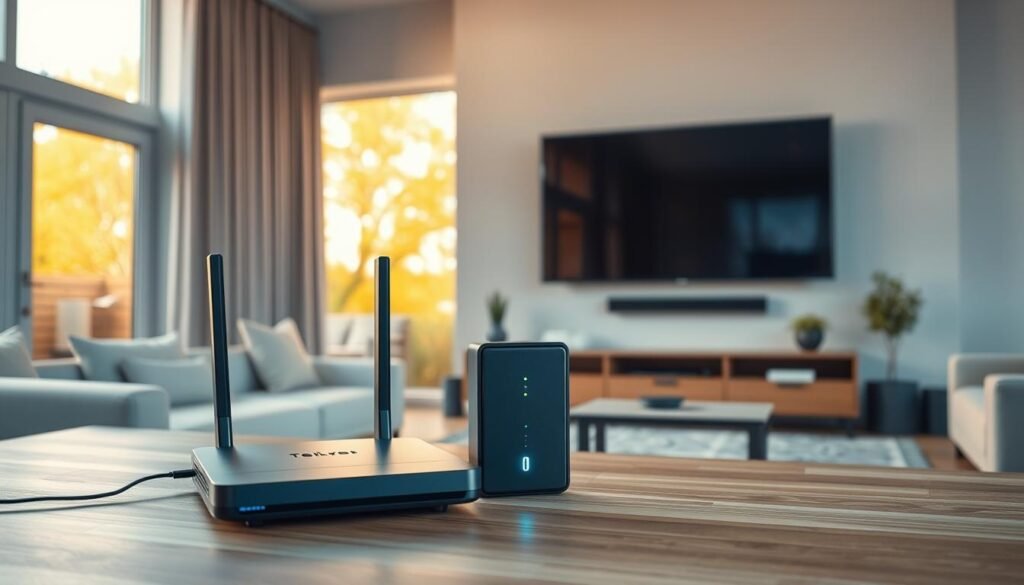 A modern, sleek home interior with various communication devices prominently displayed. In the foreground, a Telecombrother internet router and modem sit on a minimalist wooden table, their glowing status lights conveying a sense of technological connectivity. The middle ground features a large, high-definition television mounted on the wall, showcasing crystal-clear streaming capabilities. In the background, floor-to-ceiling windows flood the space with warm, natural light, creating a bright and airy atmosphere. The overall scene evokes a sense of streamlined, efficient home technology that enhances the living experience.