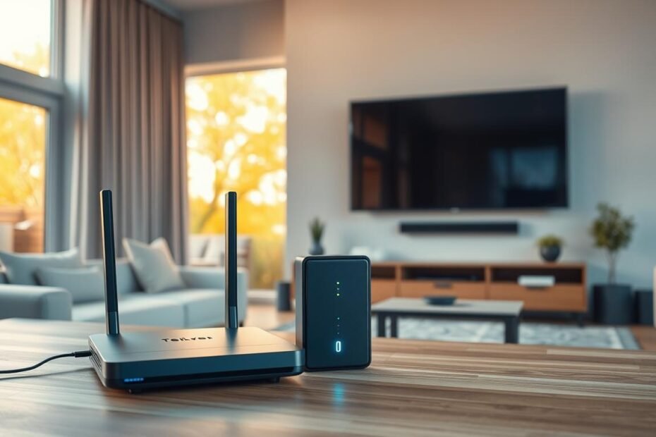 A modern, sleek home interior with various communication devices prominently displayed. In the foreground, a Telecombrother internet router and modem sit on a minimalist wooden table, their glowing status lights conveying a sense of technological connectivity. The middle ground features a large, high-definition television mounted on the wall, showcasing crystal-clear streaming capabilities. In the background, floor-to-ceiling windows flood the space with warm, natural light, creating a bright and airy atmosphere. The overall scene evokes a sense of streamlined, efficient home technology that enhances the living experience.