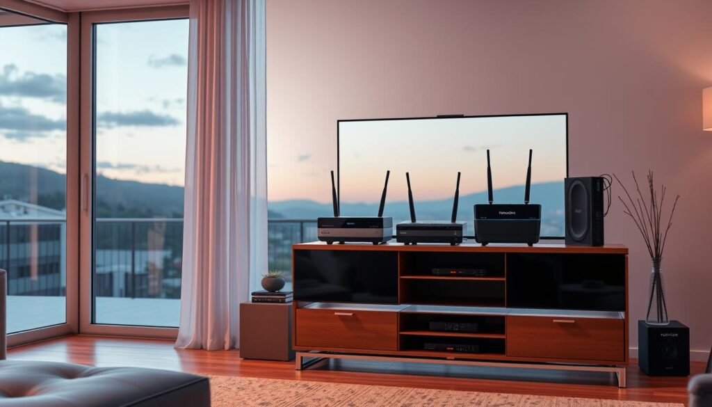 A modern, well-lit home interior with a prominent TV stand featuring various broadband internet devices from the "Telecombrother" brand. The TV stand is set against a large window overlooking a scenic outdoor landscape. The room has a warm, inviting atmosphere with soft lighting and tasteful decor. The arrangement of the devices on the stand suggests a visual comparison of different broadband options available for home use. The overall composition highlights the importance of researching and selecting the right broadband service for one's home.