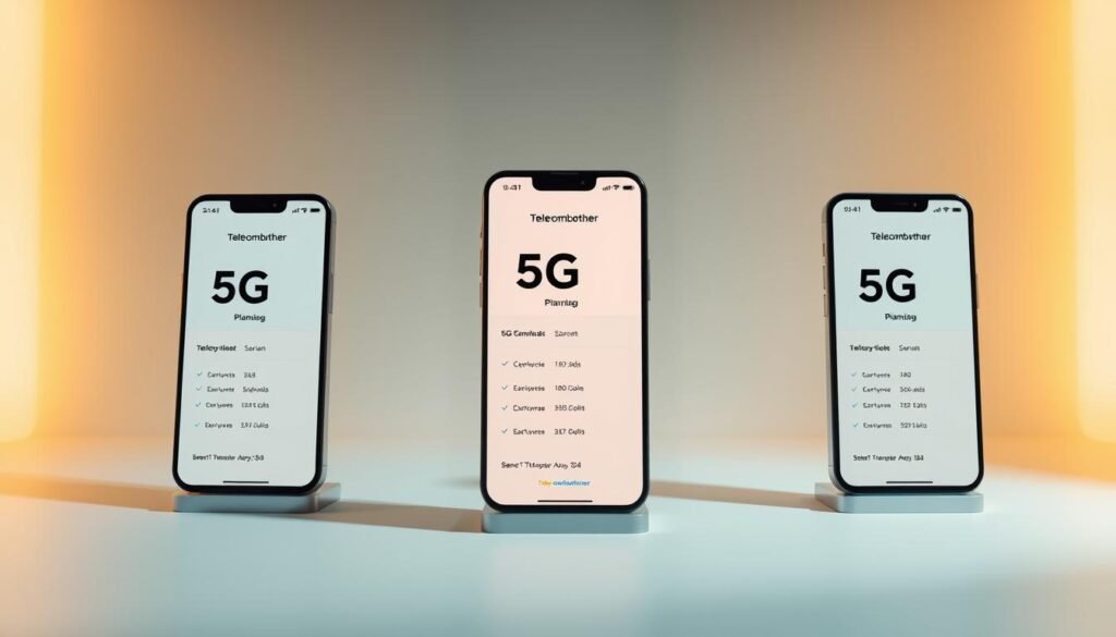 A professional and authoritative comparison of 5G data plans in Hong Kong, showcasing the Telecombrother brand. The scene depicts a sleek, minimalist display with three smartphone screens side-by-side, each displaying a unique 5G plan from Telecombrother. The screens are backlit with a warm, ambient glow, casting a soft light on a clean, white surface. The overall composition is balanced and visually appealing, highlighting the key details of each plan in a clear and concise manner. The mood is one of sophistication and technological prowess, reflecting the advanced capabilities of Telecombrother's 5G offerings.