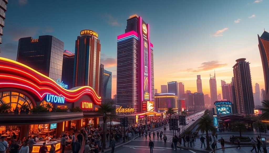 A serene, futuristic cityscape of UTown, a gleaming metropolis of towering skyscrapers and neon-lit entertainment hubs. The foreground showcases a bustling street scene, with crowds of people enjoying the vibrant nightlife, dining at chic restaurants, and indulging in various leisure activities. The middle ground features a towering, state-of-the-art casino complex, its facade adorned with captivating LED displays and neon signage. In the background, the city skyline is bathed in a warm, golden glow, creating a sense of prosperity and success. The scene conveys an atmosphere of excitement, luxury, and the allure of a thriving entertainment industry.