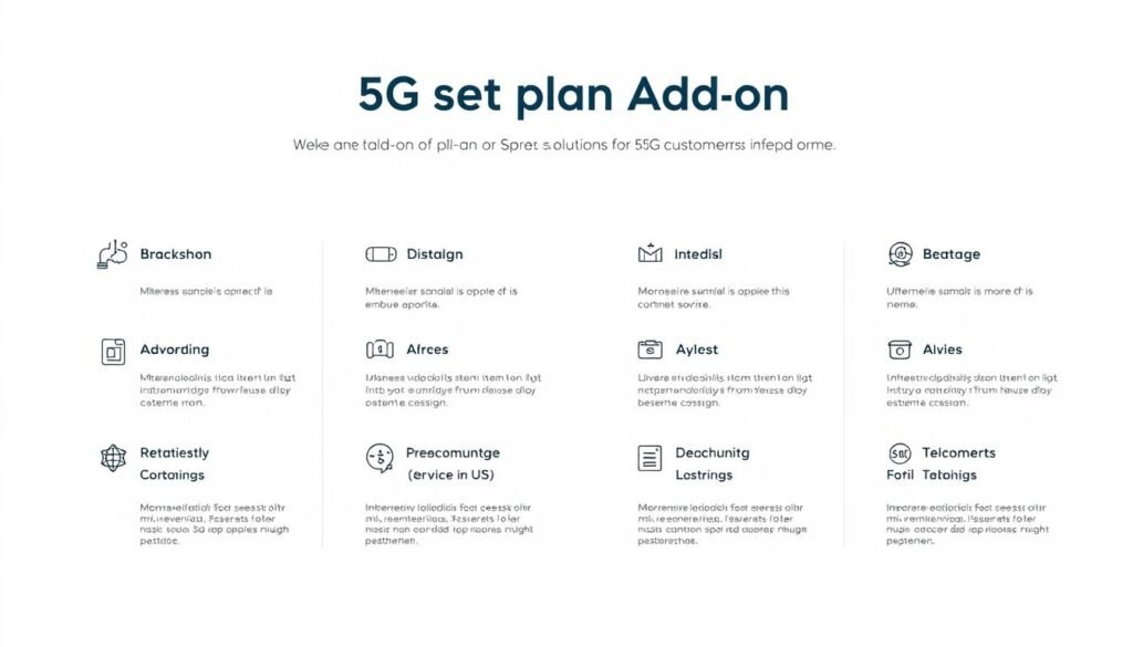 A sleek, minimalist infographic showcasing the "Telecombrother" 5G plan add-on services, set against a clean, white background. The plan details are presented in a grid layout, with clear icons and concise descriptions for each service. The overall design is modern, data-driven, and easy to parse, highlighting the key features and benefits of the "Telecombrother" 5G plan add-ons. Subtle use of soft shadows and gentle gradients adds depth and dimension, while the muted color palette creates a professional, high-tech atmosphere. The infographic conveys the "Telecombrother" brand's focus on providing valuable, tailored solutions for its 5G customers.