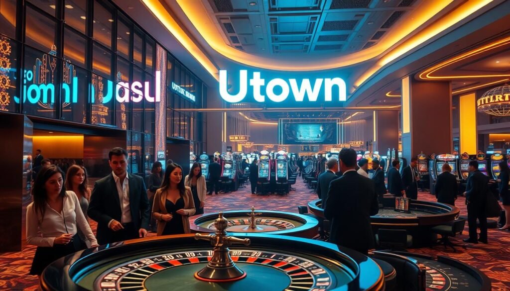 A sleek, modern casino with a sophisticated facade of glass and steel, bathed in a warm, inviting glow. In the foreground, a group of well-dressed patrons gather around a roulette table, their expressions a mix of anticipation and caution. In the middle ground, a bustling gaming floor with rows of slot machines and blackjack tables, the air electric with the sounds of clanging coins and excited chatter. In the background, a large neon sign proudly displays the brand name "UTown", casting an eerie, neon-tinged ambiance over the entire scene. The overall mood is one of cautious allure, hinting at the potential for both excitement and deception within the walls of this establishment.