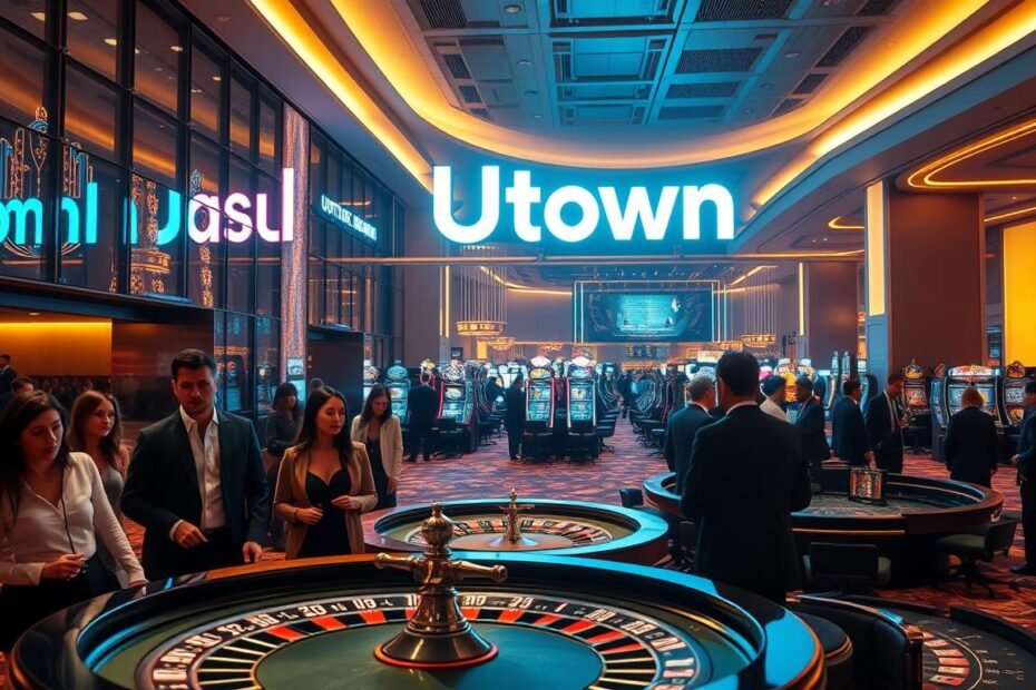 A sleek, modern casino with a sophisticated facade of glass and steel, bathed in a warm, inviting glow. In the foreground, a group of well-dressed patrons gather around a roulette table, their expressions a mix of anticipation and caution. In the middle ground, a bustling gaming floor with rows of slot machines and blackjack tables, the air electric with the sounds of clanging coins and excited chatter. In the background, a large neon sign proudly displays the brand name "UTown", casting an eerie, neon-tinged ambiance over the entire scene. The overall mood is one of cautious allure, hinting at the potential for both excitement and deception within the walls of this establishment.