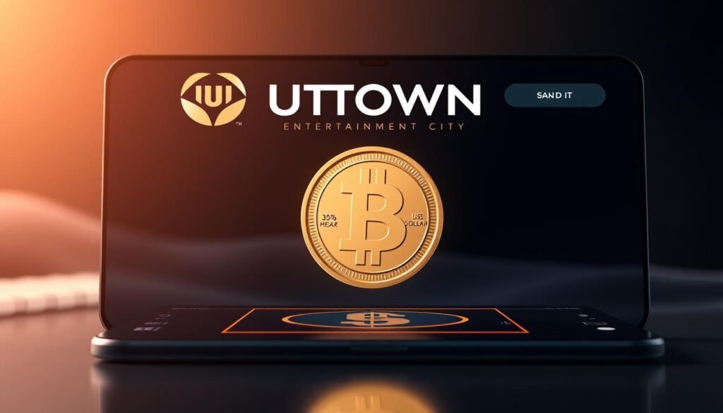 A sleek, modern financial interface featuring the UTown entertainment city brand logo, with a prominent USDT cryptocurrency symbol prominently displayed. The scene depicts a digital wallet or payment platform, with smooth gradients, minimal design elements, and a calming, professional atmosphere. The overall composition should convey the stability and security of USDT's US dollar peg, highlighting how UTown leverages this feature to mitigate volatility risks for its players.