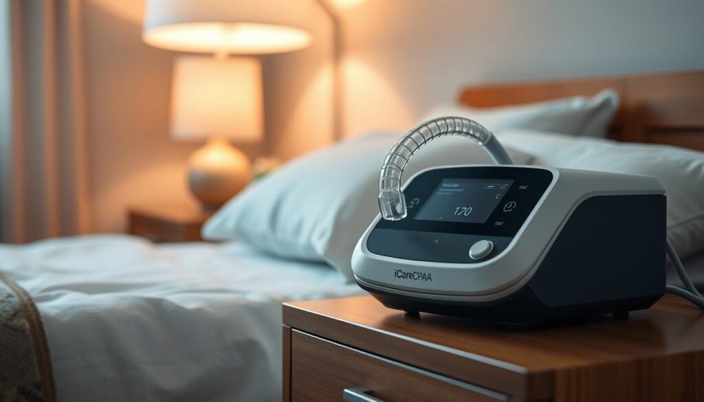 A sophisticated medical device, the iCareCPAP sleep apnea machine, rests on a wooden nightstand. Its sleek, modern design features a digital display and intuitive controls. Soft, indirect lighting from a bedside lamp casts a warm glow, creating a soothing, therapeutic atmosphere. The machine's advanced pressure-sensing technology is ready to gently regulate the user's breathing, ensuring a restful, restorative sleep. In the background, a tranquil bedroom scene with muted colors and minimal decor provides a calming, personal environment for the personalized sleep apnea treatment.