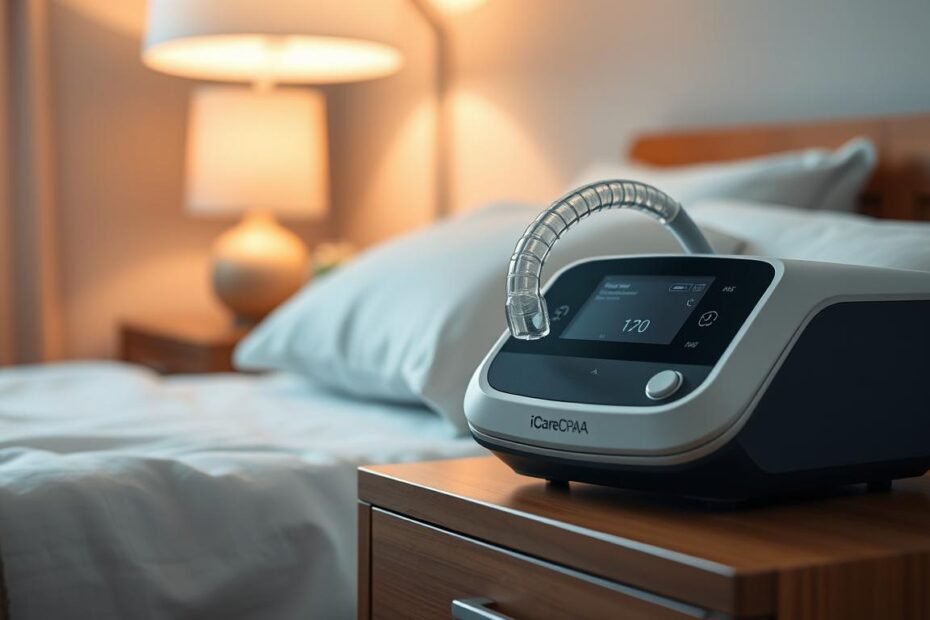 A sophisticated medical device, the iCareCPAP sleep apnea machine, rests on a wooden nightstand. Its sleek, modern design features a digital display and intuitive controls. Soft, indirect lighting from a bedside lamp casts a warm glow, creating a soothing, therapeutic atmosphere. The machine's advanced pressure-sensing technology is ready to gently regulate the user's breathing, ensuring a restful, restorative sleep. In the background, a tranquil bedroom scene with muted colors and minimal decor provides a calming, personal environment for the personalized sleep apnea treatment.