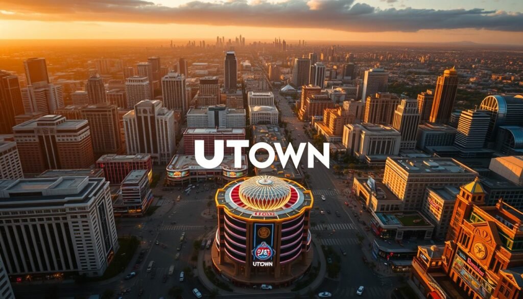 A sprawling cityscape of gleaming high-rises and bustling streets, illuminated by a warm, golden sunset. In the foreground, the iconic UTown logo shines proudly, surrounded by a thriving community of satisfied customers and business owners. The middle ground features a diverse array of entertainment venues, from opulent casinos to lively night clubs, all working in harmony to create a vibrant, immersive experience. In the background, a panoramic view of the city skyline, with sleek, modern architecture and a sense of progress and growth. The overall atmosphere conveys a feeling of success, prosperity, and the promise of a thriving entertainment empire.
